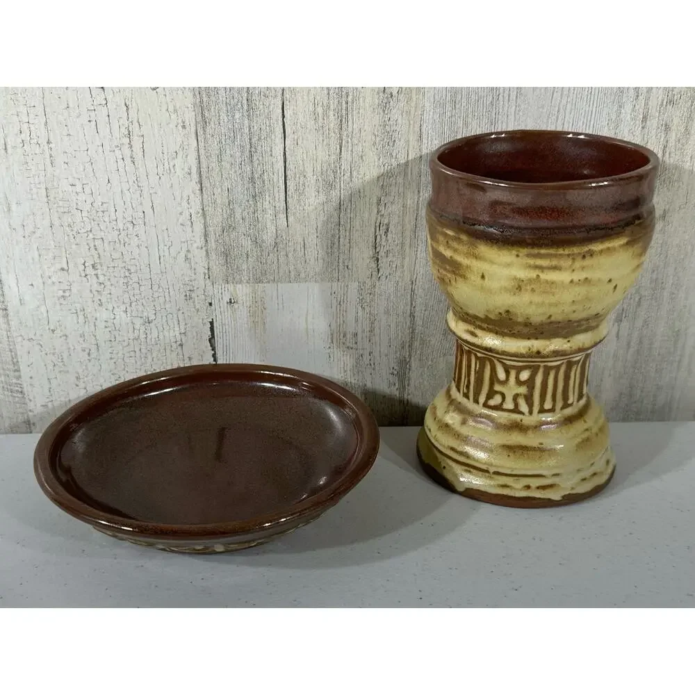 Studio Pottery Art Handmade 2 pc Candle Holder Tray Brown Signed Tom‎ Hughes
